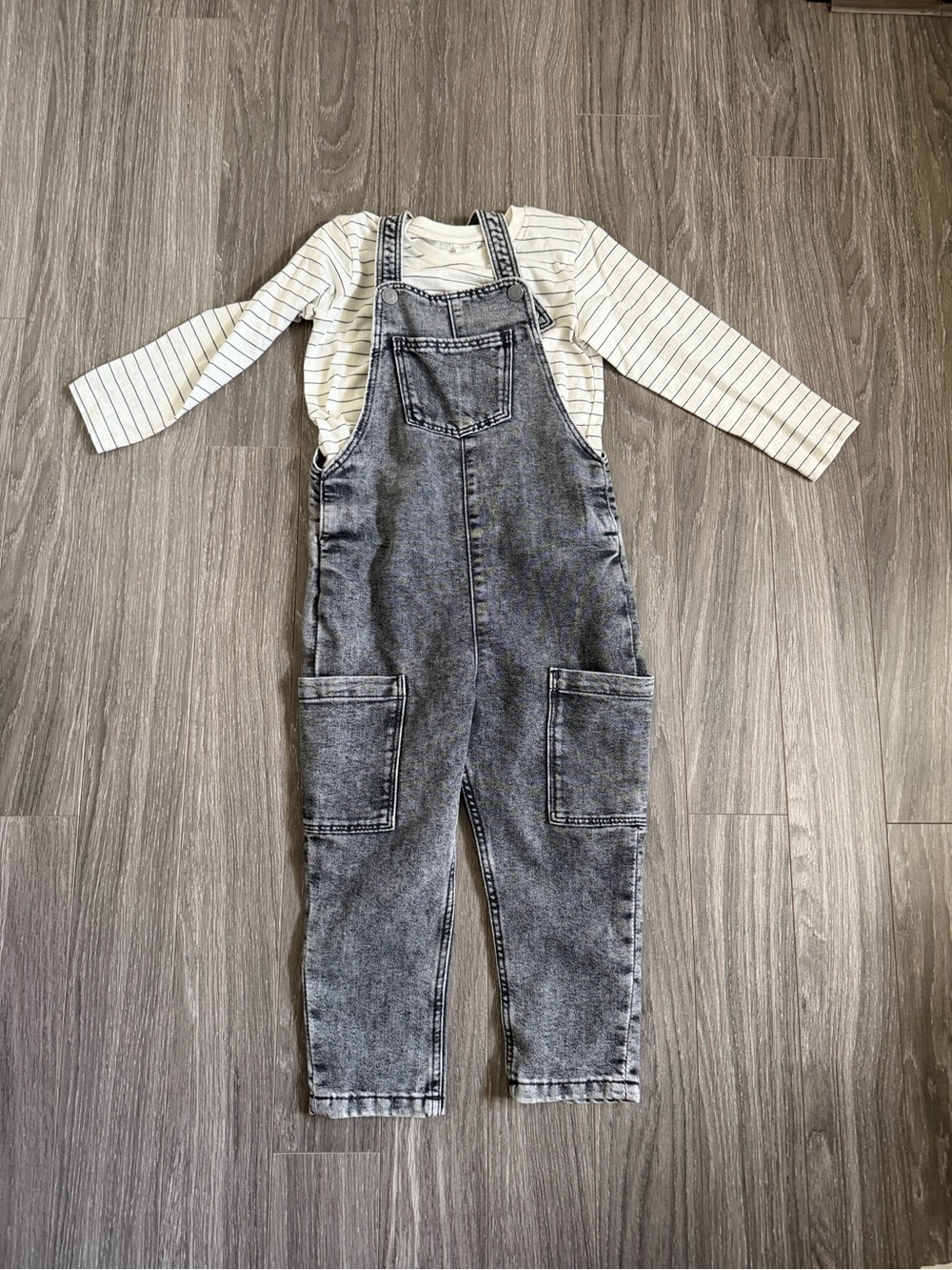 H&M Black & White Striped Top with Acid-Wash Denim Overalls